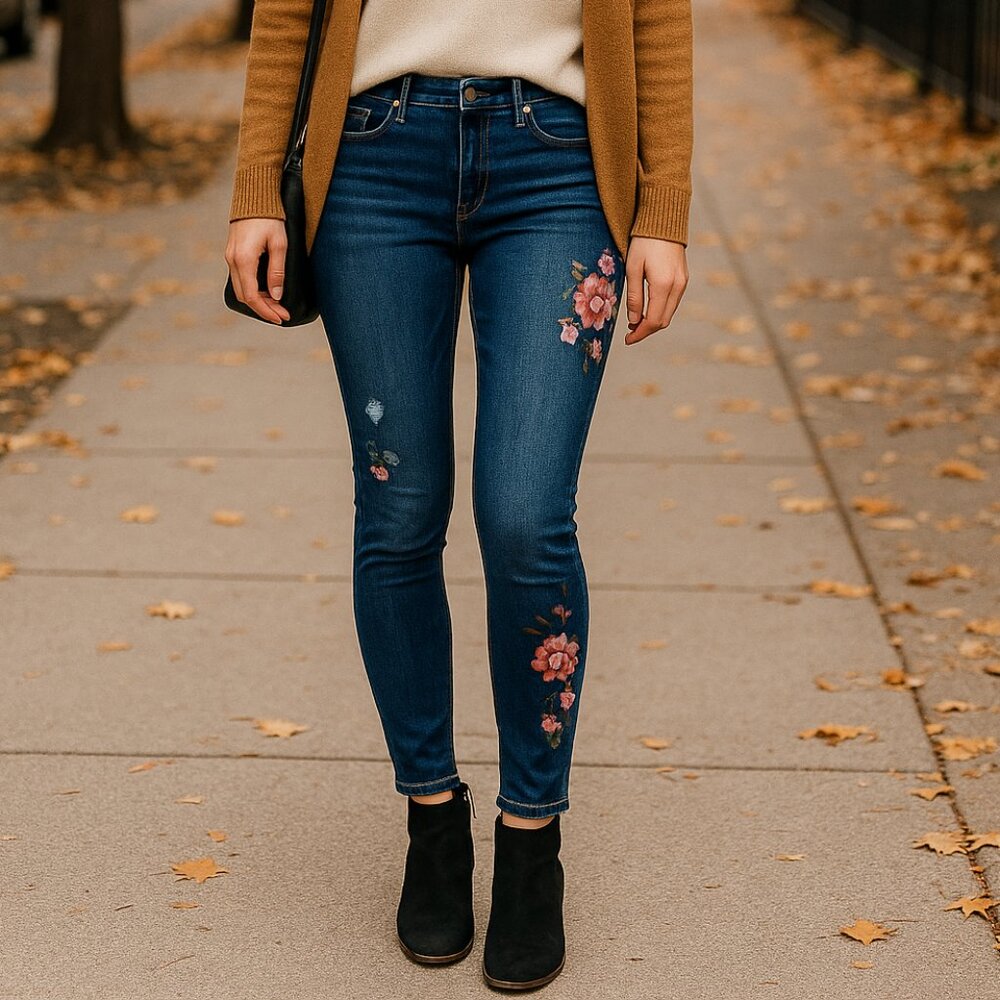 Express Jeans Women’s 8 Petite Mid Rise Skinny Dark Wash Distressed Embroidered